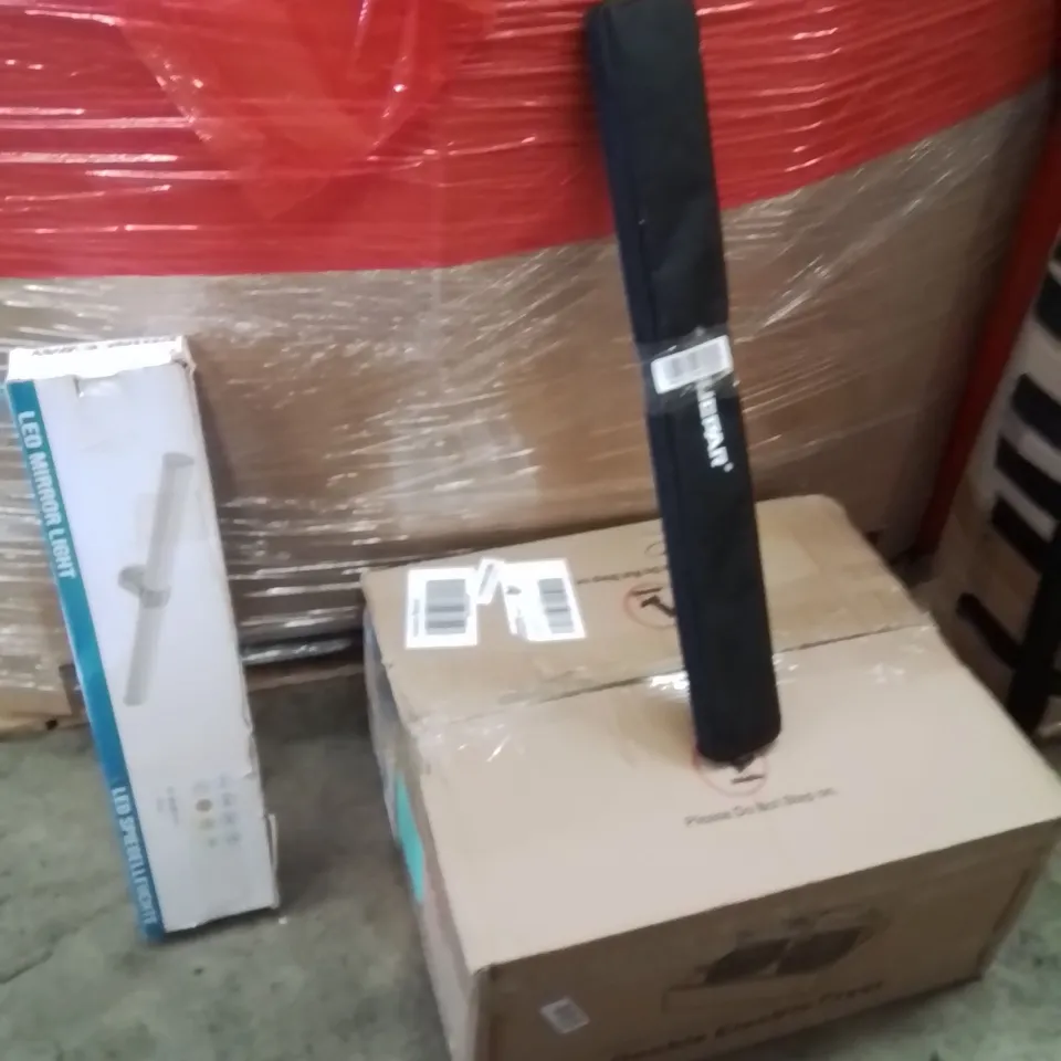 PALLET OF ASSORTED HOUSEHOLD GOODS AND PRODUCTS TO INCLUDE;LED MIRROR LIGHT,POOL CUE,DOUBLE ELECTRIC FRYER