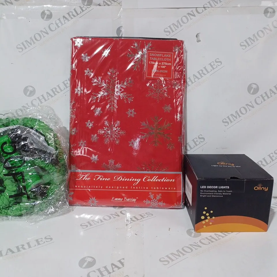 BOX OF APPROXIMATELY 20 ASSORTED HOUSEHOLD ITEMS TO INCLUDE LED DÉCOR LIGHTS, SNOWFLAKE TABLECLOTH, HOSE, ETC