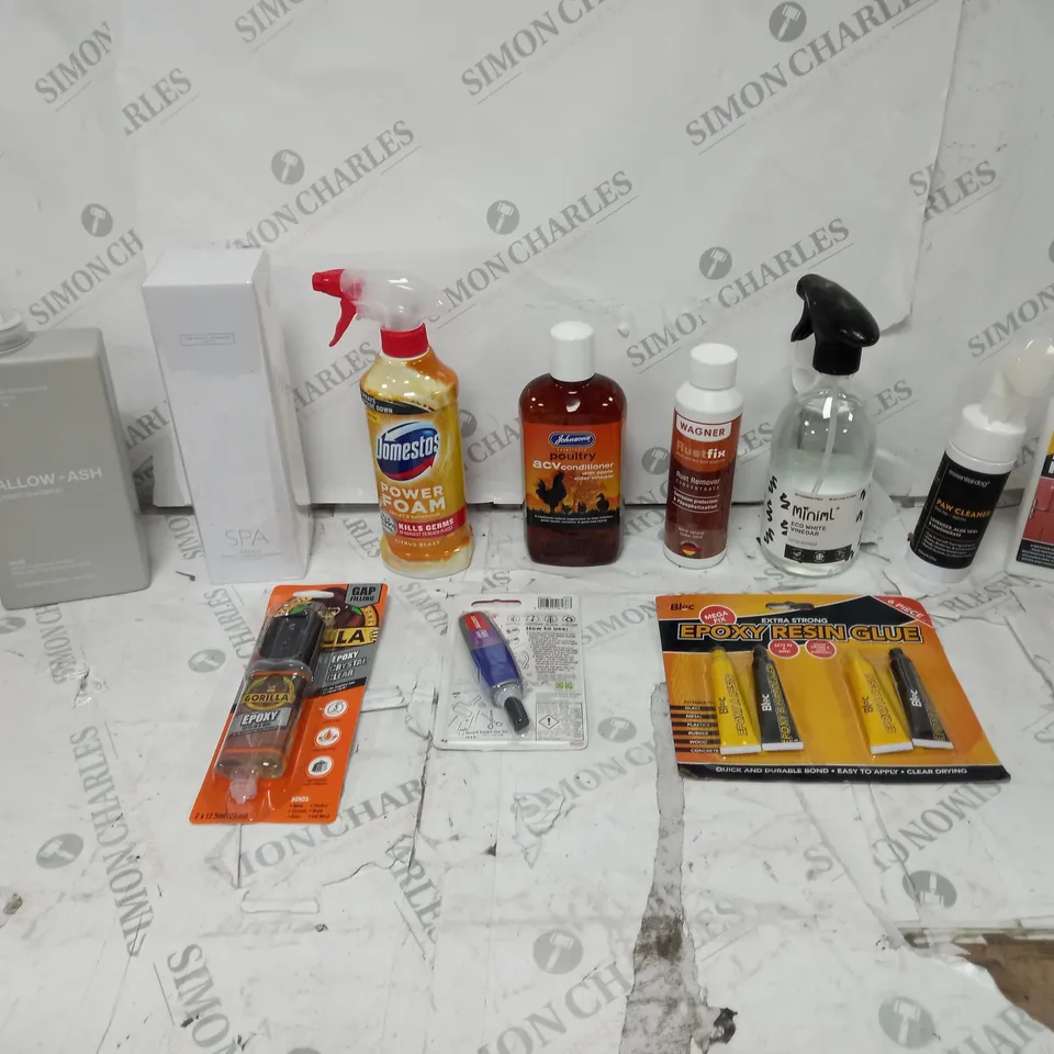 APPROXIMATELY 15 HOUSEHOLD ITEMS TO INCLUDE LAUNDRYLAB TALLOW+ASH, GORILLA EPOXY, AND DOOR RESTORE ETC.
