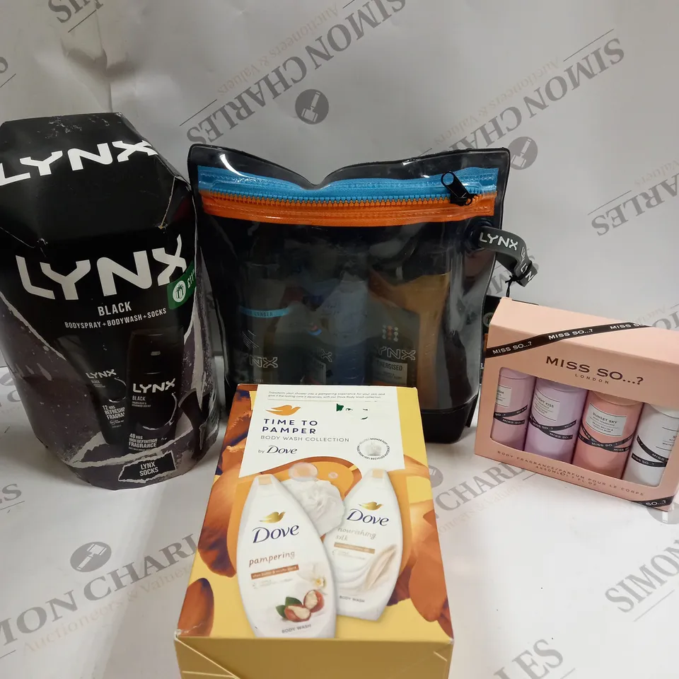 APPROXIMATELY 4 ASSORTED HEALTH & BEAUTY GIFT SETS TO INCLUDE LYNX BLACK, DOVE PAMPER, MISS SO...? ETC 