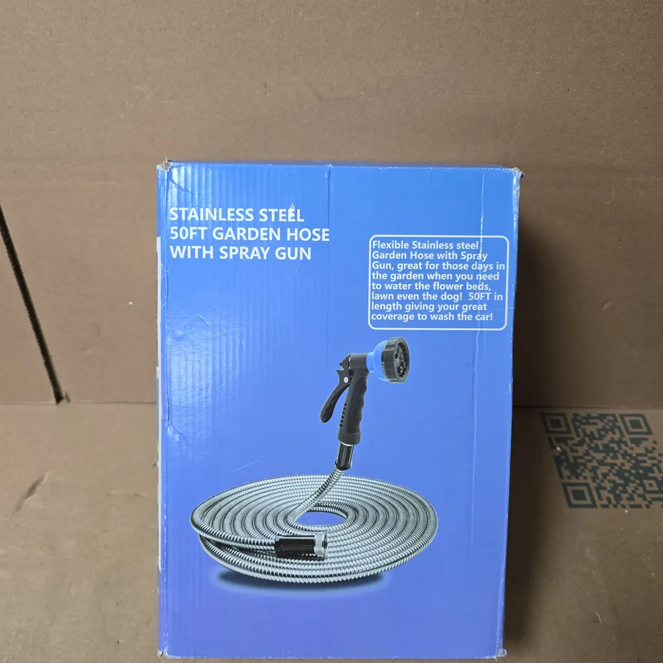 STAINLESS STEEL 50FT GARDEN HOSE WITH SPRAY GUN – BOXED