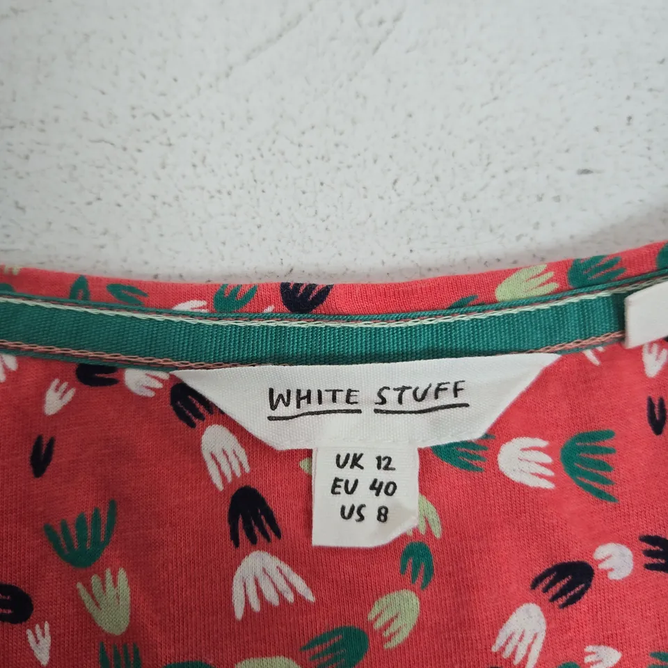 WHITE STUFF DRESS – UK 12 (EU 40, US 8) – PINK LEAF PRINT, SHORT SLEEVES