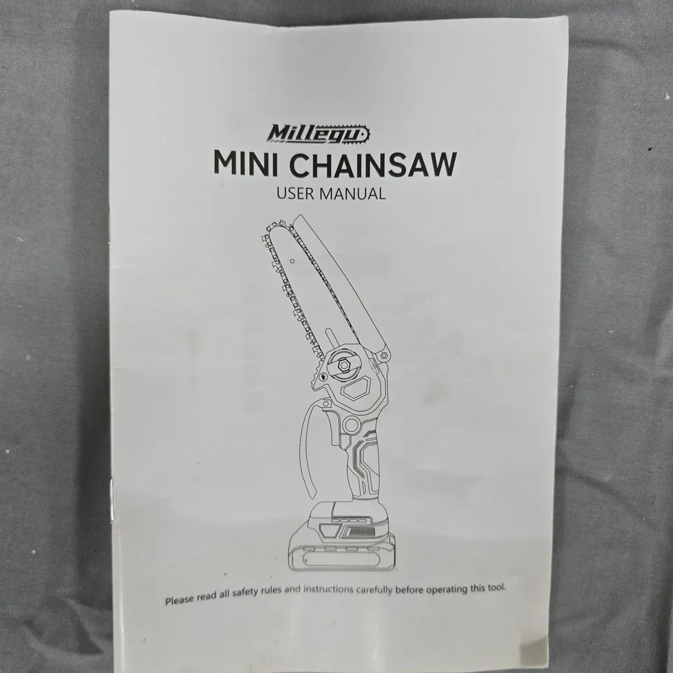 MILLEGU MINI CHAINSAW – 6 INCH, 21V CORDLESS, BOXED WITH MANUAL