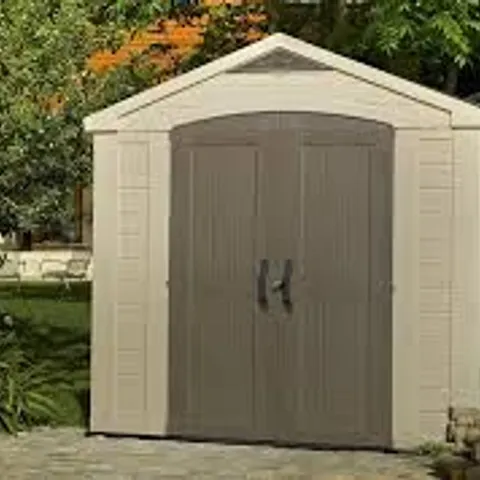 BOXED KETER FACTOR 8 × 6 FT OUTDOOR STORAGE SHED, BEIGE/BROWN (2 BOXES)