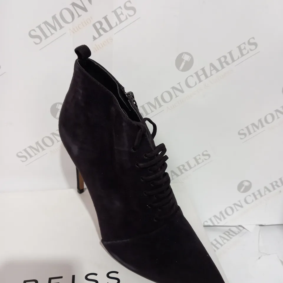 BOXED REISS SUEDE CHOCOLATE BOOT HEELS - SIZE 6
