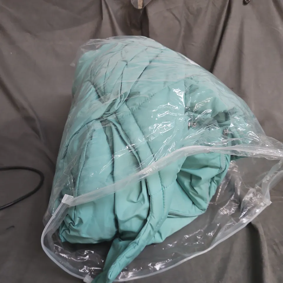 BOX OF APPROXIMATELY 25 ASSORTED CLOTHING ITEMS INCLUDING THERMAL PANTS , PRINTED T SHIRT AND GREEN PADDED COAT