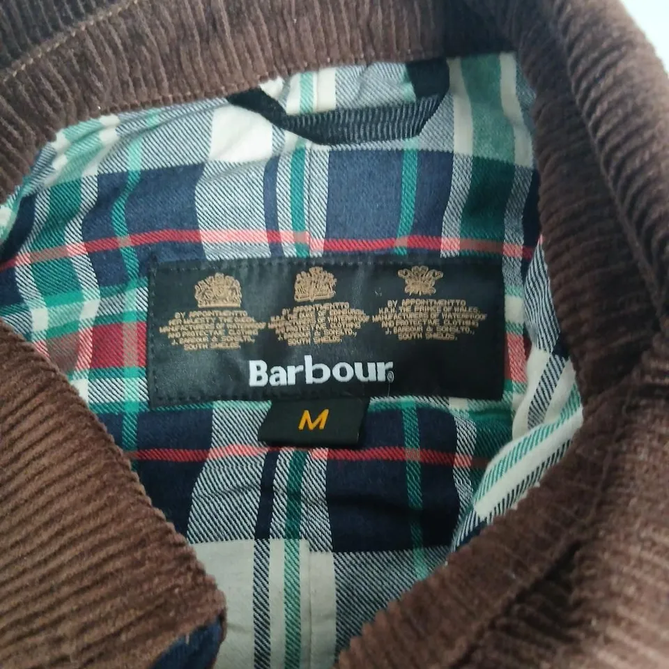 BARBOUR MEN'S WAXED JACKET, SIZE M, DARK NAVY WITH BROWN CORDUROY COLLAR