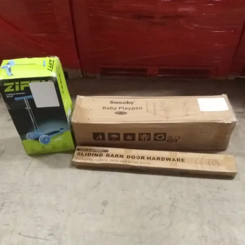 PALLET OF ASSORTED HOUSEHOLD GOODS AND PRODUCTS TO INCLUDE; KIDS SCOOTER, BABY PLAYPEN, SLIDING BARN DOOR HARDWARE ETC