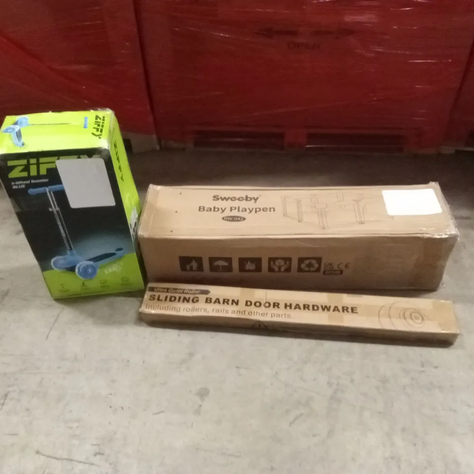 PALLET OF ASSORTED HOUSEHOLD GOODS AND PRODUCTS TO INCLUDE; KIDS SCOOTER, BABY PLAYPEN, SLIDING BARN DOOR HARDWARE ETC