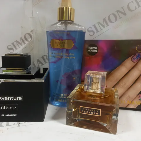BOX OF APPROX 10 ASSORTED BEAUTY PRODUCTS TO INCLUDE L'ADVENTURE INTENSE, INTIMACY BECKHAM, ENDLESS LOVE, ETC
