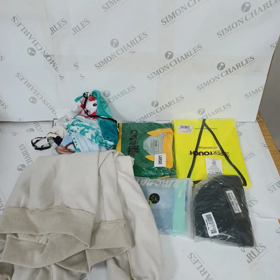 LARGE BOX OF ASSORTED CLOTHING ITEMS IN VARIOUS COLOURS AND SIZES INCLUDING TROUSERS , TOPS AND JUMPERS 