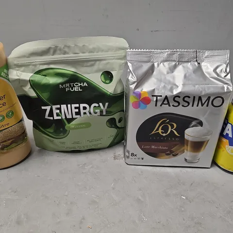 APPROXIMATELY 8 ASSORTED FOOD & DRINK ITEMS TO INCLUDE - FANTA LEMON , BURGER SAUCE , TASSIMO LATTE MACCHIATO ETC