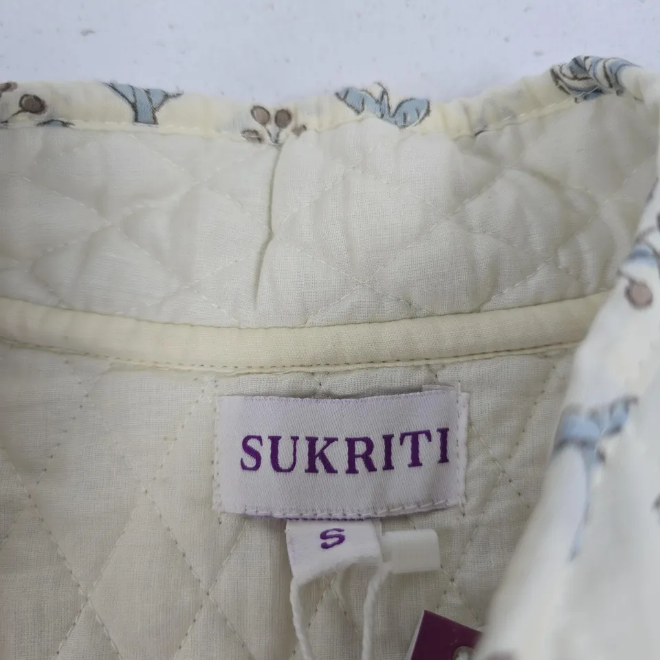 SUKRITI WOMEN'S QUILTED KURTI, CREAM WITH BLUE FLORAL PATTERN, UK SIZE S