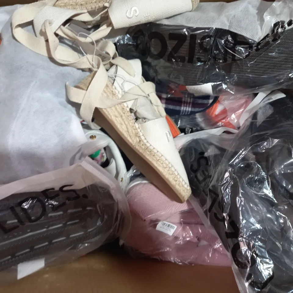 BOX OF APPROXIMATELY 20 ASSORTED PAIRS OF SHOES IN VARIOUS STYLES TO INCLUDE ASICS, TRUFFLE COLLECTION, THE NORTH FACE, ETC