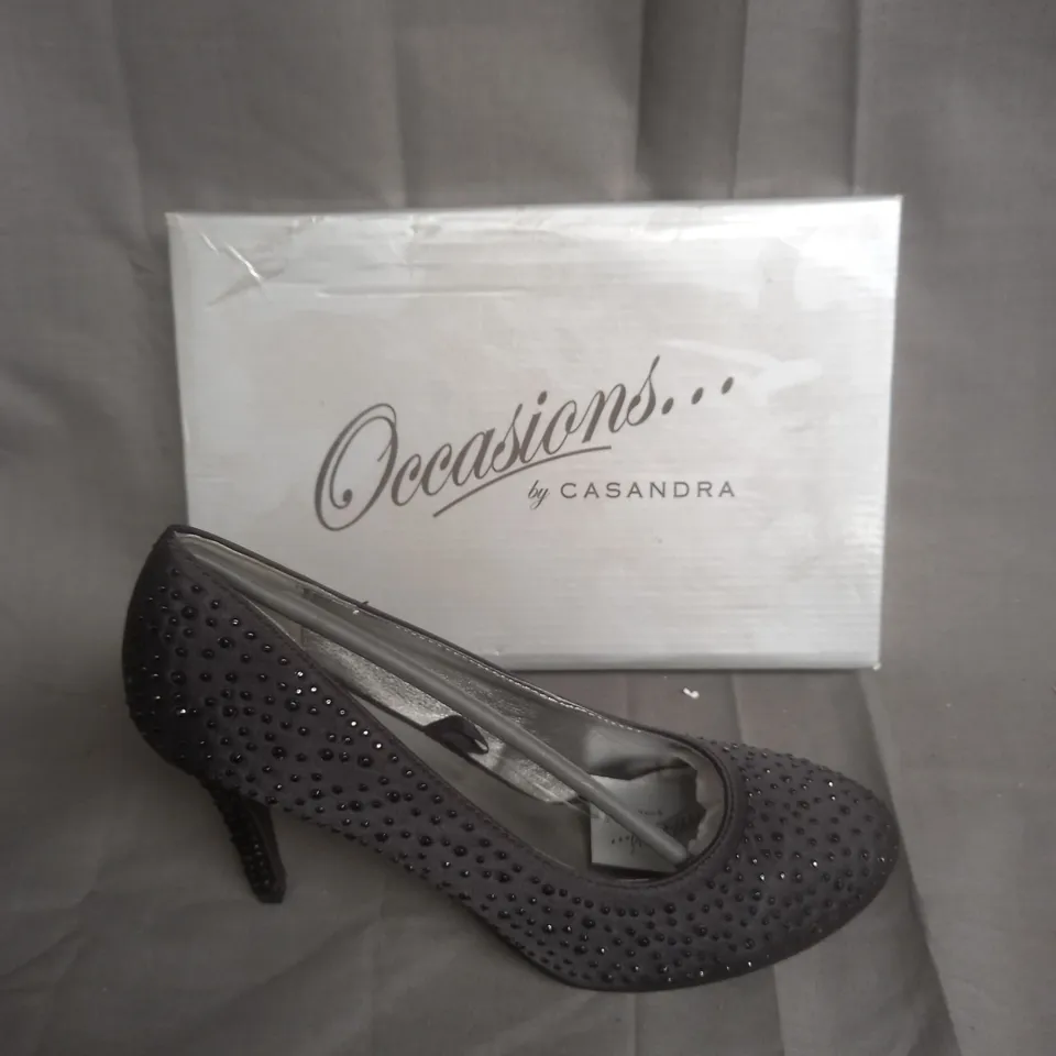 BOXED PAIR OF OCCASIONS BY CASANDRA BLACK SATIN STUDDED HEELS SIZE 7