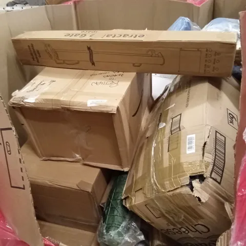 PALLET OF ASSORTED HOUSEHOLD GOODS AND PRODUCTS TO INCLUDE; RETRACTABLE BABY GATE, BOXED FURNITURE ETC 