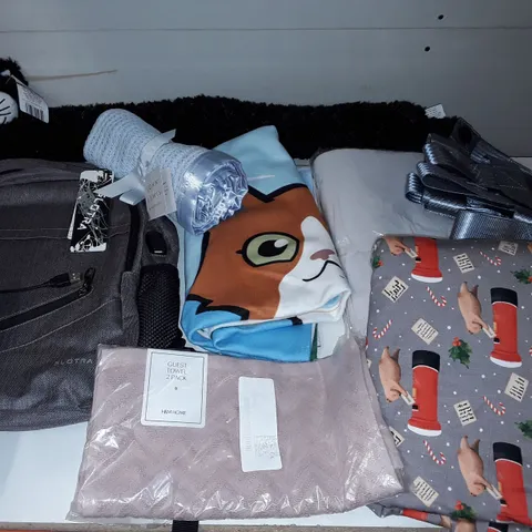 LARGE QUANTITY OF ASSORTED HOME FABRIC ITEMS TO INCLUDE BACKPACK, DRAUGHT EXCLUDED AND GUEST TOWEL PACK