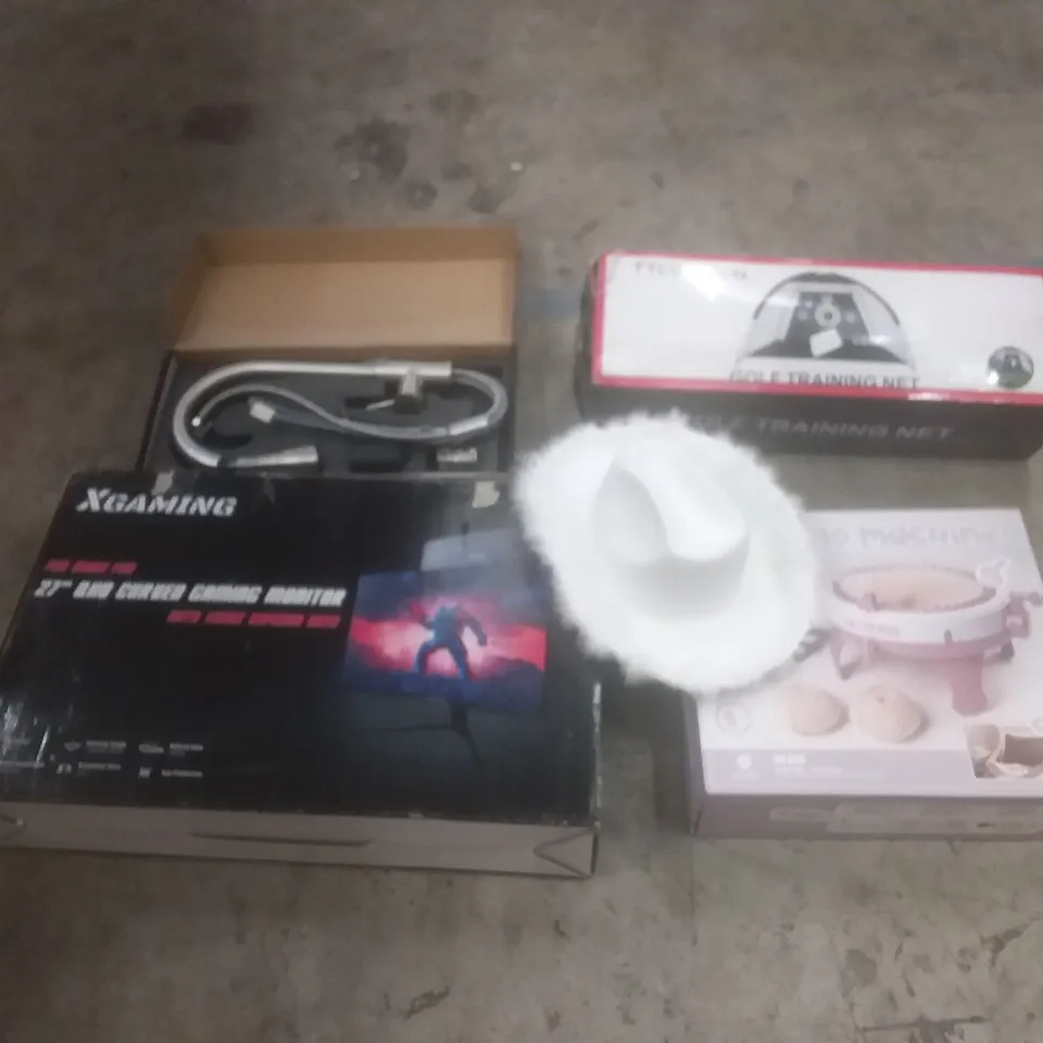 PALLET OF ASSORTED HOUSEHOLD PRODUCTS AND ITEMS, INCLUDING; SAFE, COWGIRL HAT, KNITTING MACHINE, GOLF TRAINING NET, KITCHEN FAUCET, COMPUTER MONITOR ETC