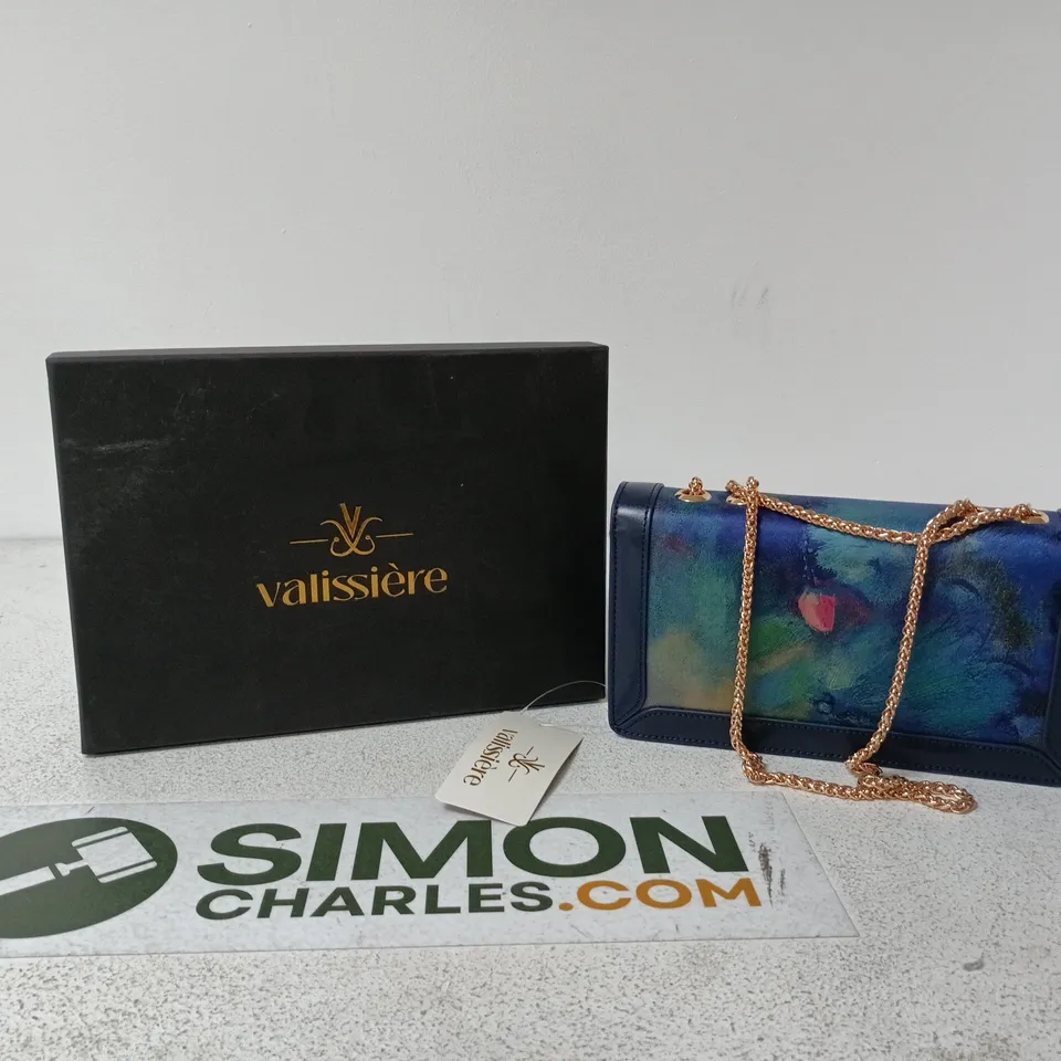 VALISSIÉRE HANDBAG CLUTCH – BLUE MULTICOLOUR WITH GOLD CHAIN IN BOX