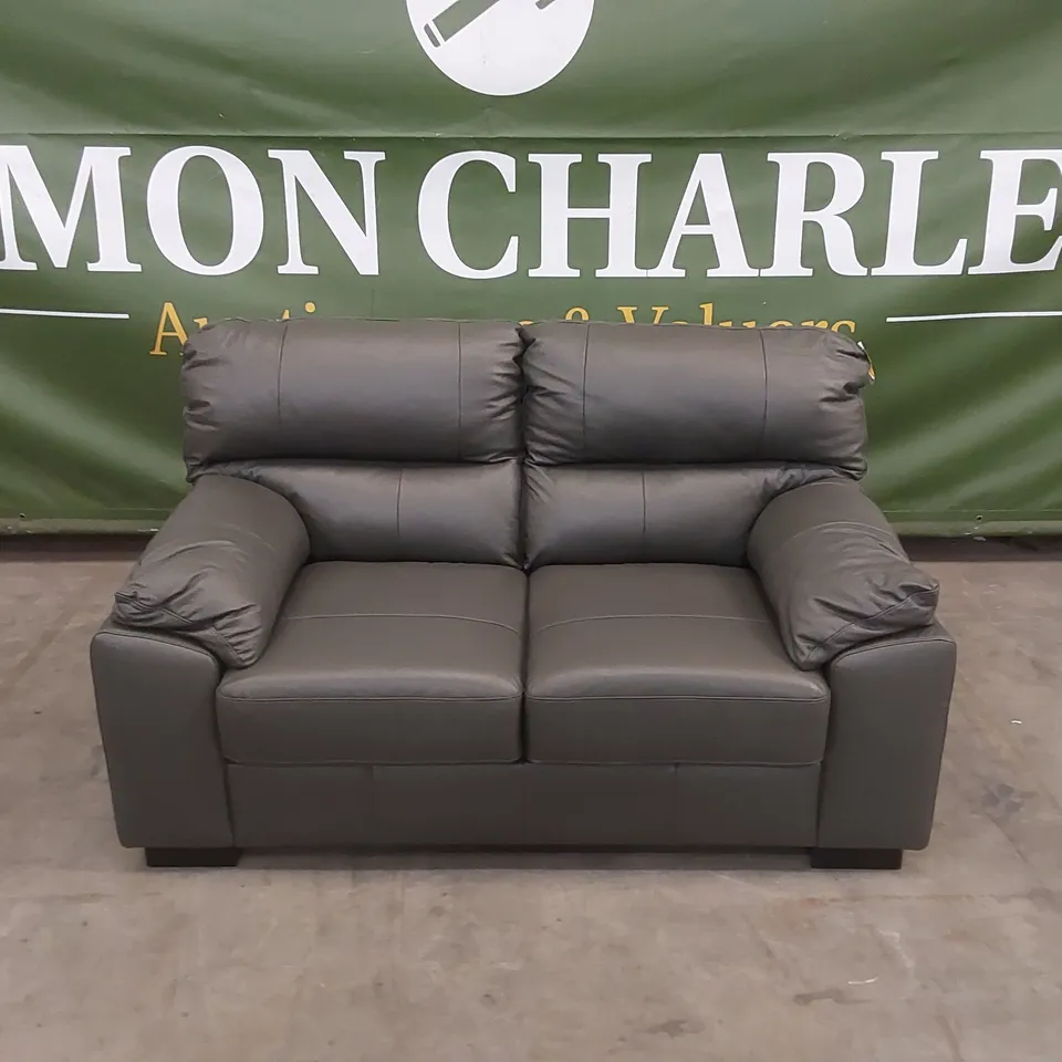 DESIGNER AMBROSE LEATHER 2 SEATER SOFA - ELEPHANT GREY