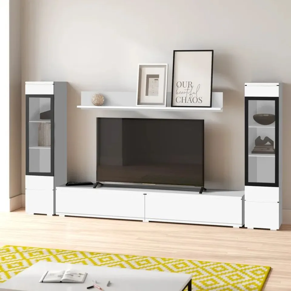 BOXED DORFMAN ENTERTAINMENT UNIT FOR TVS UP TO 78" WHITE HIGH GLOSS (3 BOXES)