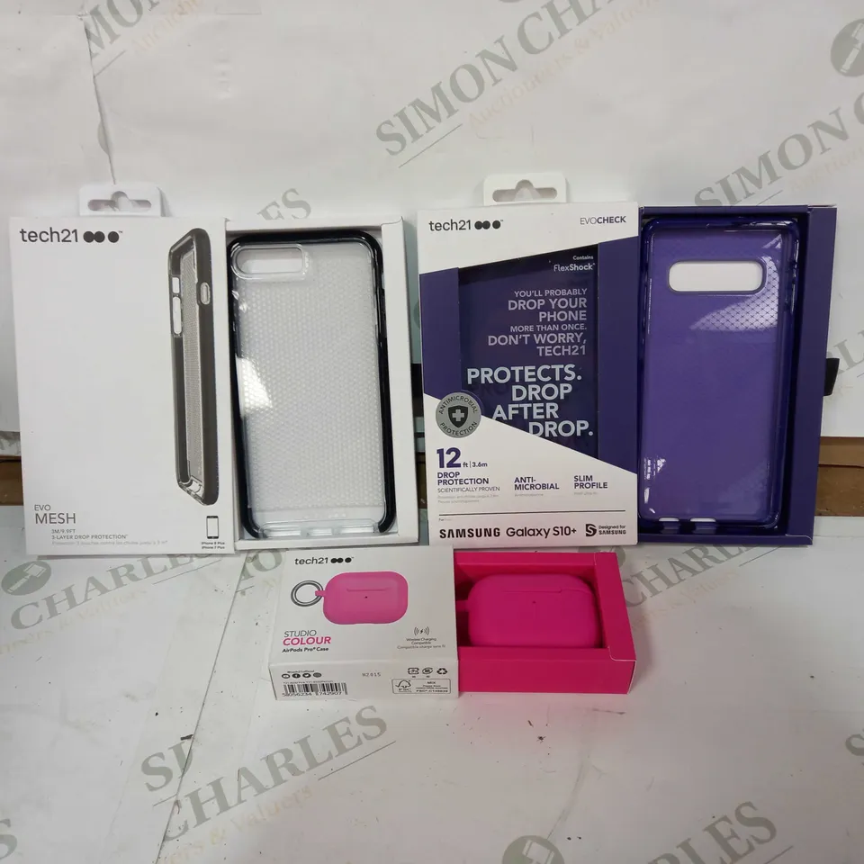 BOX OF BRAND NEW PHONE AND AIRPOD CASES TO INCLUDE 43 TECH21 EVO MESH 3M DROP PROTECTION FOR IPHONE 7/8 PLUS PHONE CASES, 34 TECH 21 12FT DROP PROTECTION ANTI-MICROBIAL SLIM PROFILE SAMSUNG GALAXY S10