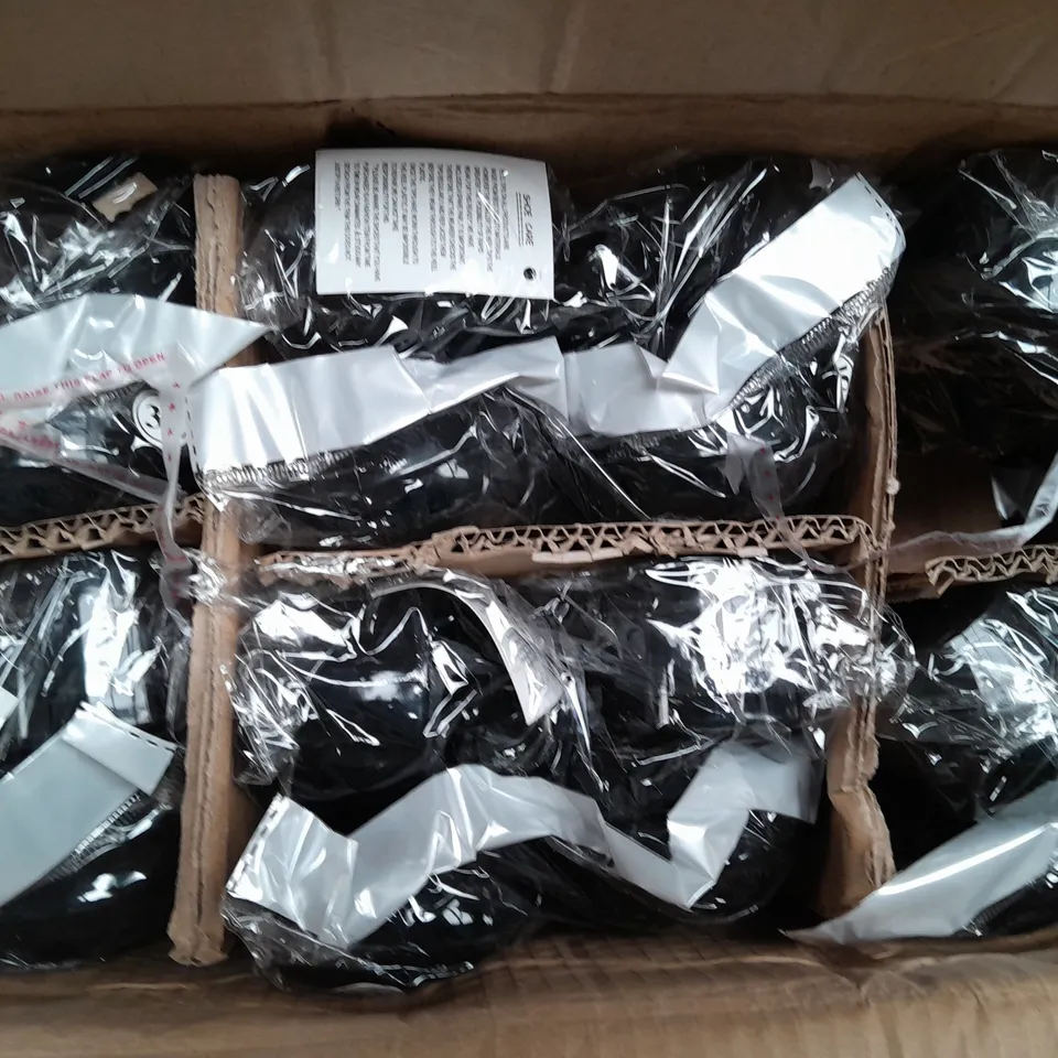 BOX OF APPROXIMATELY 20 PAIRS OF ASPIRER LOW BLOCK HEEL SANDALS IN GLOSSY BLACK - VARIOUS SIZES