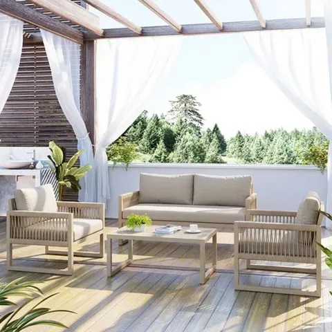 BOXED OUTDOOR PATIO FURNITURE SET, GALVANIZED IRON FRAME, THICK PLUSH CUSHIONS - KHAKI (2 BOXES)