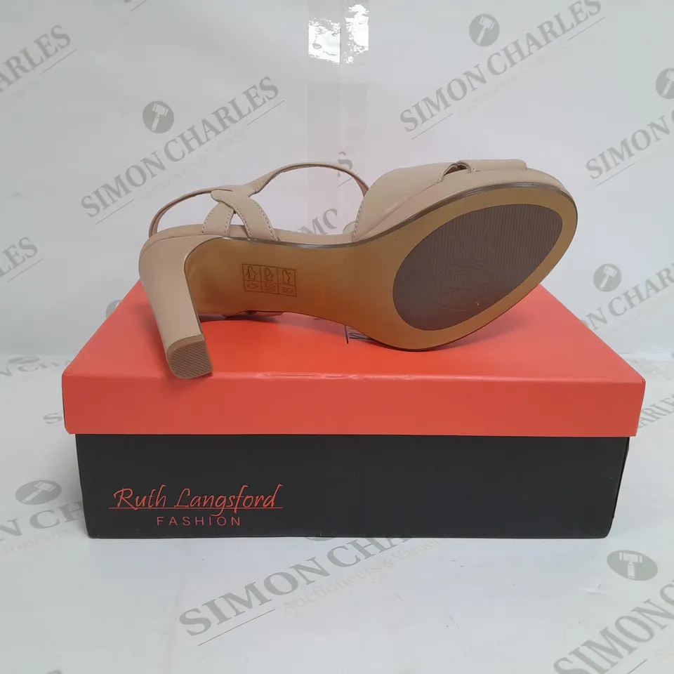 BOXED PAIR OF RUTH LANGSFORD HEELED SANDALS IN MATTE ALMOND SIZE 6