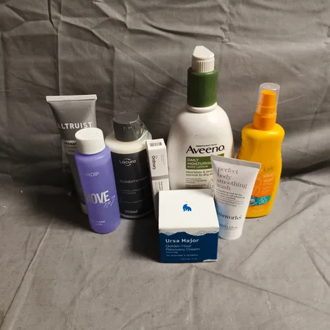 APPROXIMATEY 20 ASSORTED HEALTH AND BEAUTY PRODUCTS TO INCLUDE - GLAMRDIP REMOVE N07 - AVEENO BODY LOTION - THISWORKS PERFECT SMOOTHING WASH - ETC