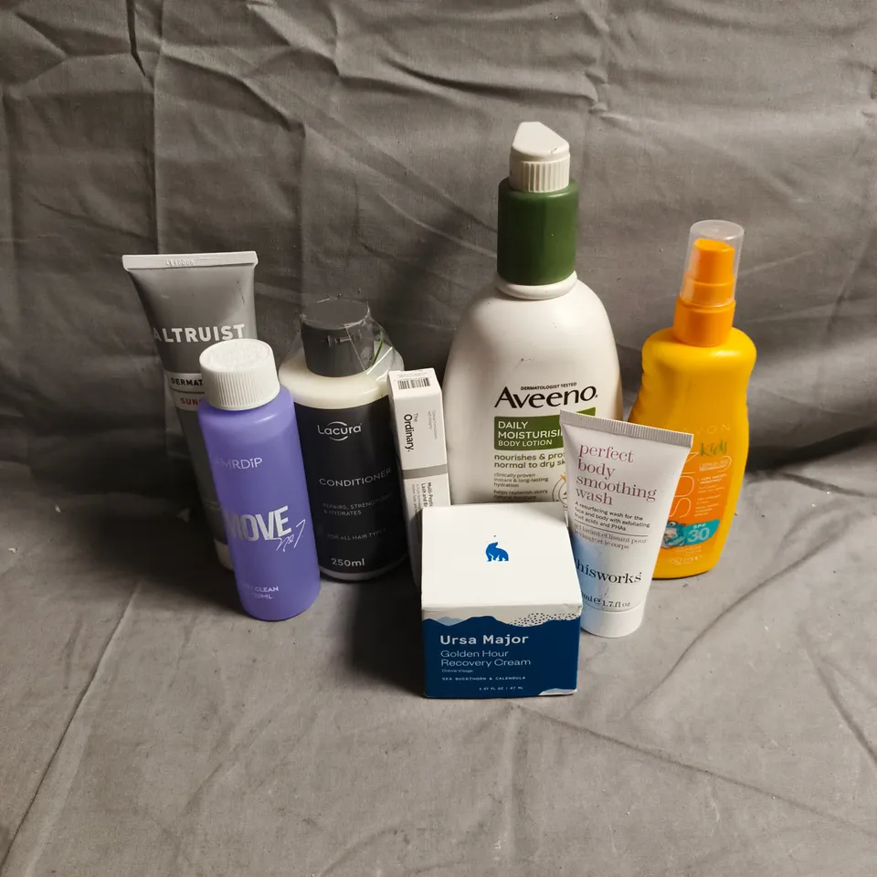 APPROXIMATEY 20 ASSORTED HEALTH AND BEAUTY PRODUCTS TO INCLUDE - GLAMRDIP REMOVE N07 - AVEENO BODY LOTION - THISWORKS PERFECT SMOOTHING WASH - ETC
