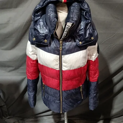 HOLLAND COOPER COLOUR-BLOCK PADDED JACKET β NAVY, WHITE & RED, UK SIZE M