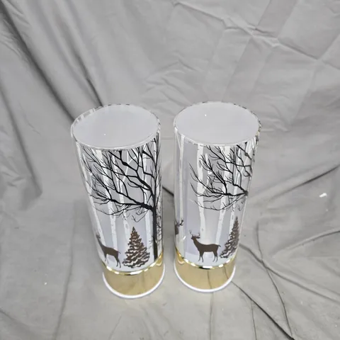 PAIR OF GLASS TUMBLERS WITH WOODLAND DEER MOTIF HOME STORIES SET OF 2 PRE LIT WINTER SCENE ROTATING ORNAMENT