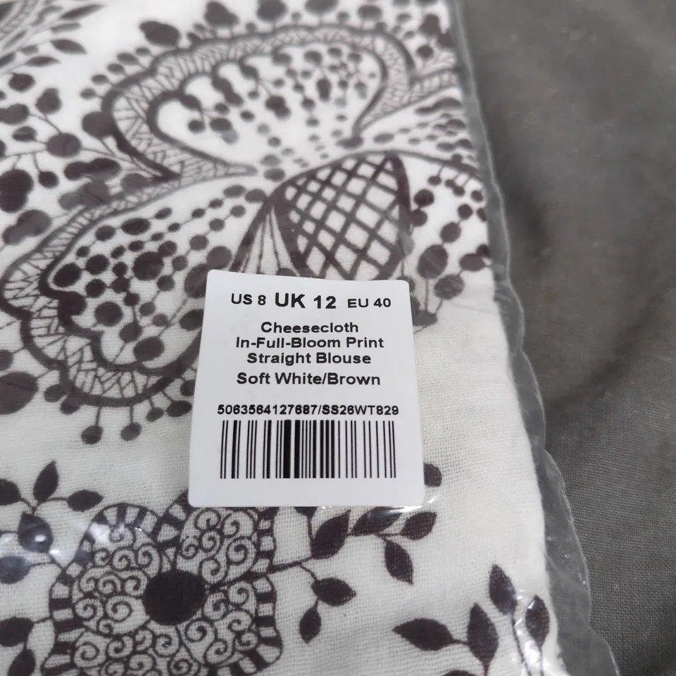 ME + EM LONDON CHEESECLOTH IN FULL BLOOM PRINT STRAIGHT BLOUSE SOFT WHITE/BROWN UK 12 BAGGED