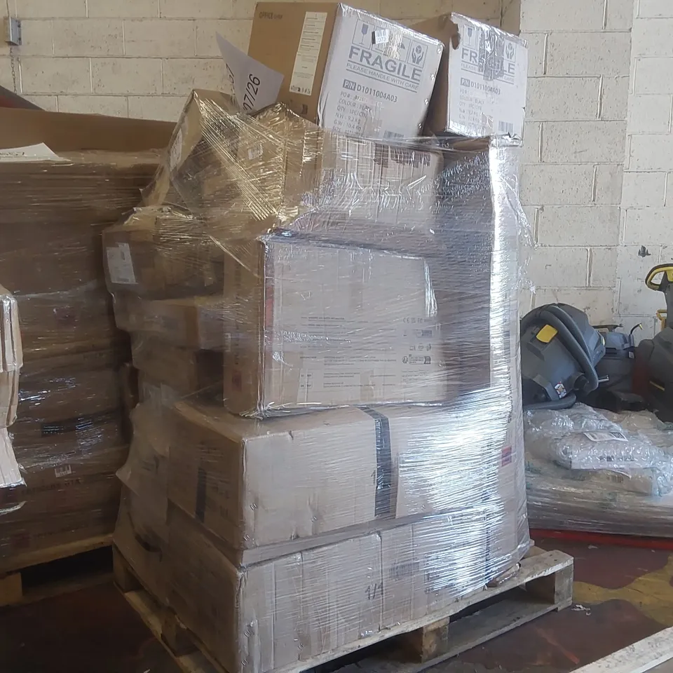 PALLET CONTAINING A VERY LARGE QUANTITY OF ASSORTED ITEMS INCLUDING: OFFICE STOOLS, VANITY STOOL, PET INTERACTIVE FURNITURE, EXERCISE BENCHES ECT