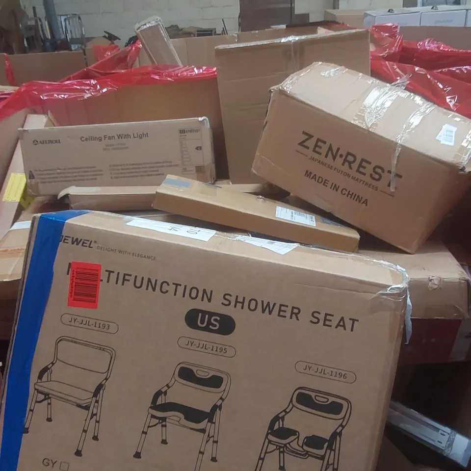 PALLET CONTAINING A LARGE QUANTITY OF ASSORTED ITEMS INCLUDING: 5-IN-1 AIRFRYER, SHOWER SEAT, CEILING FAN ECT