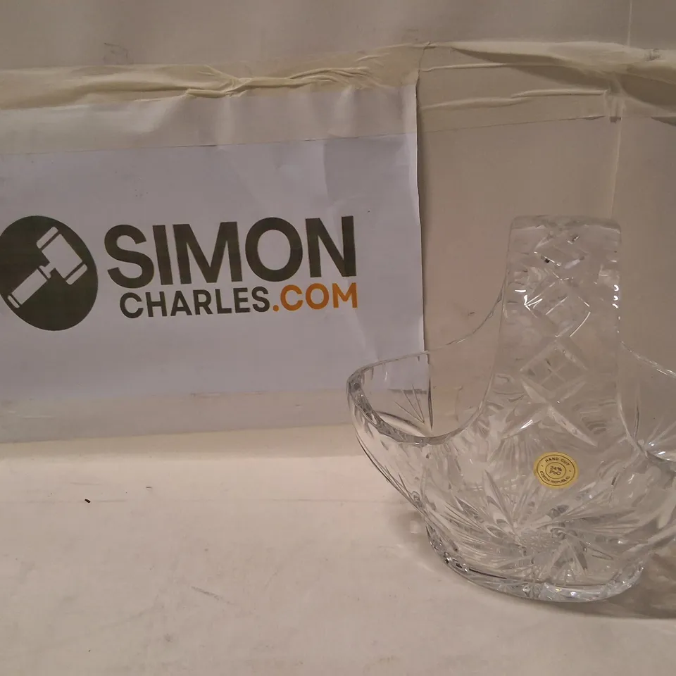 CRYSTAL GLASS DECORATIVE BOWL WITH ARCHED HANDLE, CUT PATTERN