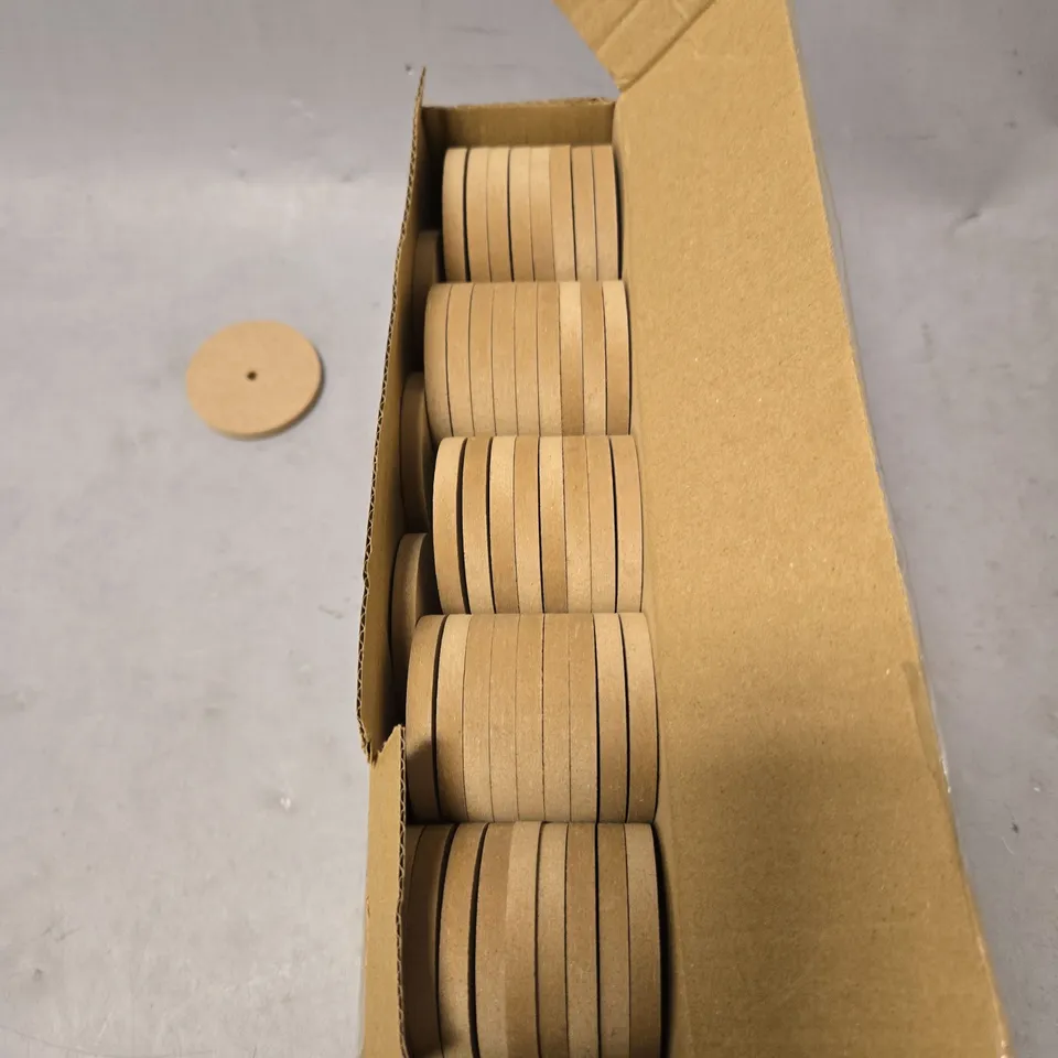 BOX OF APPROX 90 54MM MDF WHEELS CENTRE 5MM