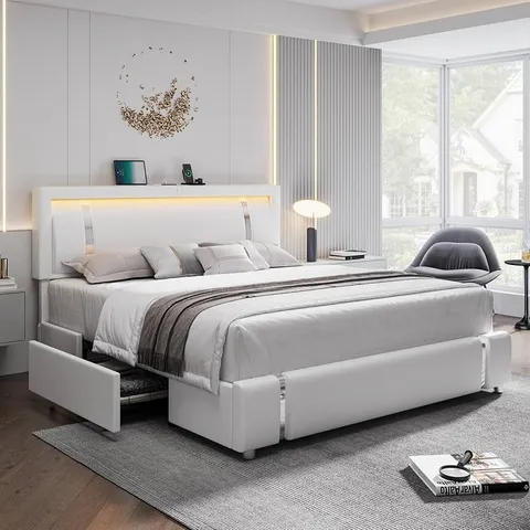 BOXED WHITE PU LEATHER UPHOLSTERED BED WITH LED HEADBOARD AND BUILT IN STORAGE  [2 BOXES]