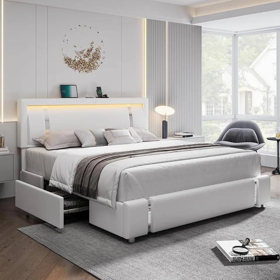 BOXED WHITE PU LEATHER UPHOLSTERED BED WITH LED HEADBOARD AND BUILT IN STORAGE  [2 BOXES]