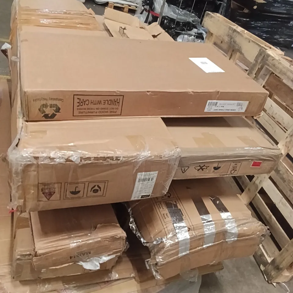 PALLET OF ASSORTED INCOMPLETE FURNITURE INCLUDING - STORAGE CHEST, SUPER WIDE TV UNIT, LARGE SIDEBOARD
