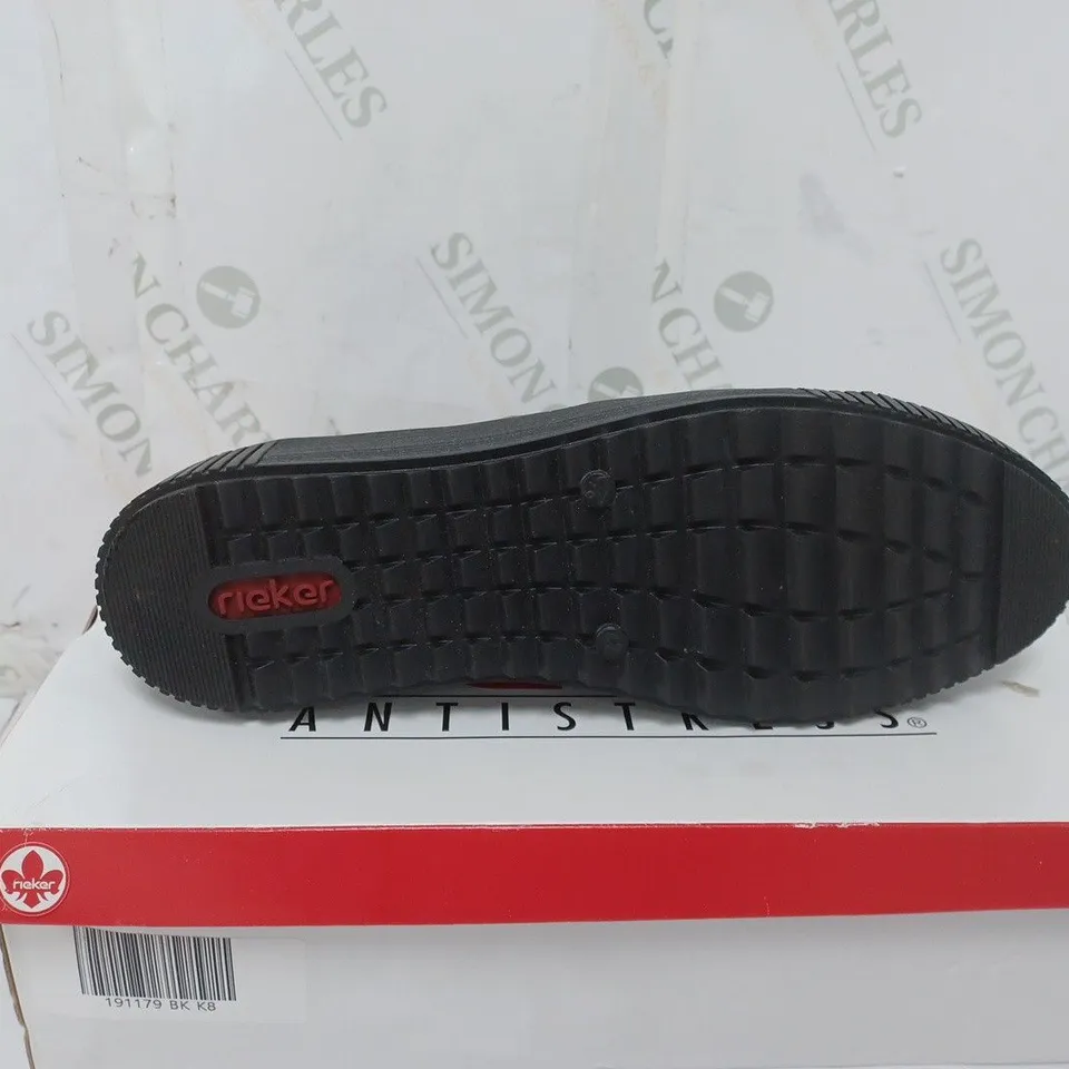 BOXED PAIR OF RIEKER BLACK HIGH TOP CUFFED TRAINERS - SIZE 8