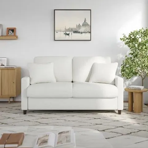 BOXED TEDDY FABRIC UPHOLSTERED SOFA WITH EXTRA PILLOWS -WHITE-