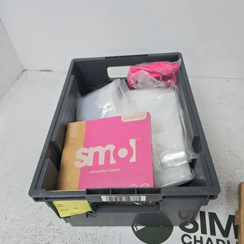 TOTE OF APPROXIMATELY 12 ASSORTED ITEMS TO INCLUDE: SMOL DISHWASHER TABLETS 