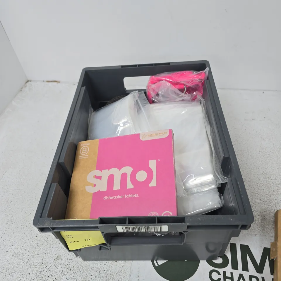 TOTE OF APPROXIMATELY 12 ASSORTED ITEMS TO INCLUDE: SMOL DISHWASHER TABLETS