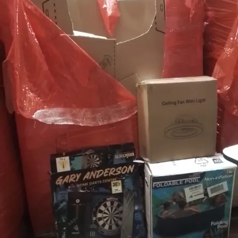 PALLET OF ASSORTED HOUSEHOLD GOODS AND PRODUCTS TO INCLUDE;DARTS BOARD,CEILING FAN WITH LIGHT,FOLDABLE POOL