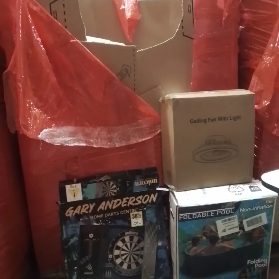 PALLET OF ASSORTED HOUSEHOLD GOODS AND PRODUCTS TO INCLUDE;DARTS BOARD,CEILING FAN WITH LIGHT,FOLDABLE POOL