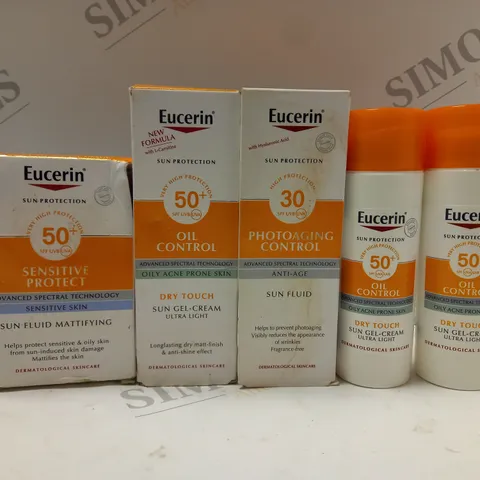 BOX OF APPROX 5 ASSORTED EUCERIN PRODUCTS TO INCLUDE SUN GEL-CREAM, SUN FLUID, SUN FLUID MATTIFYING, ETC