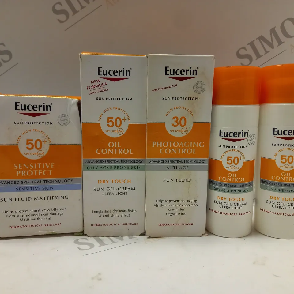 BOX OF APPROX 5 ASSORTED EUCERIN PRODUCTS TO INCLUDE SUN GEL-CREAM, SUN FLUID, SUN FLUID MATTIFYING, ETC 