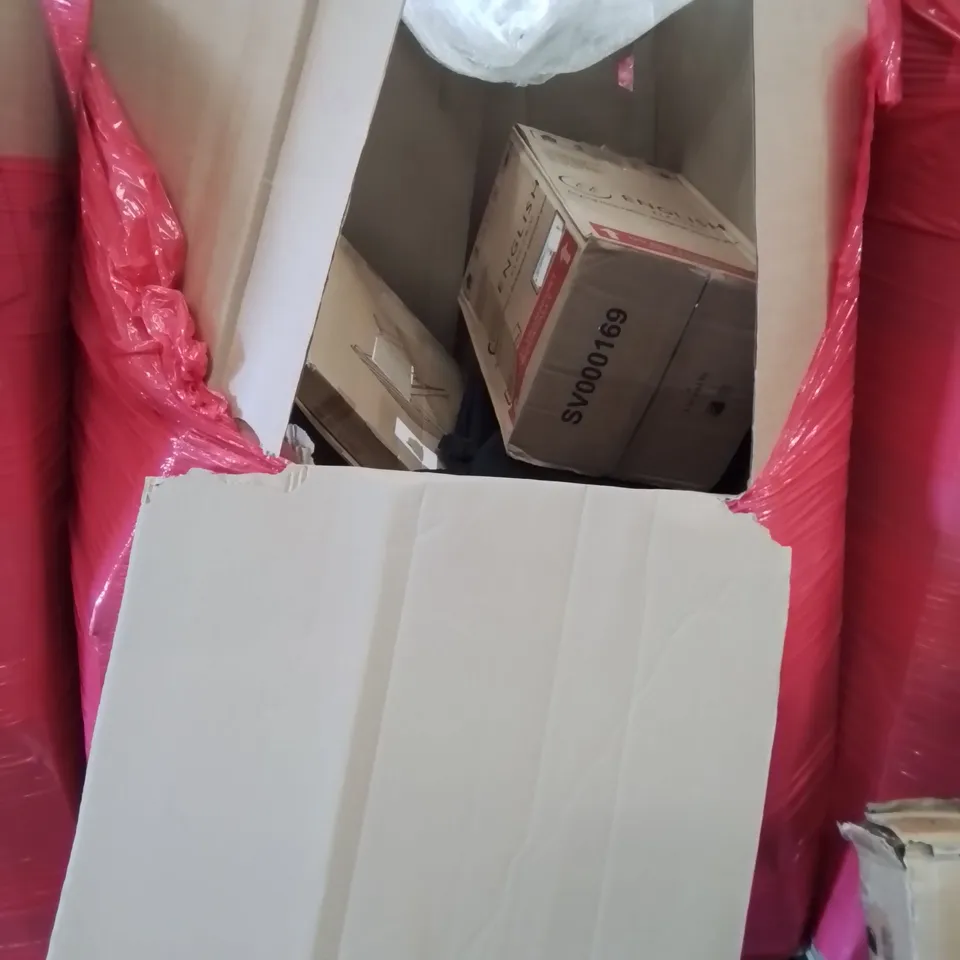 PALLET OF ASSORTED HOUSEHOLD ITEMS TO INCLUDE HEAVY DUTY CLOTHES RAIL, TV STAND AND MR COOLTOOL S311